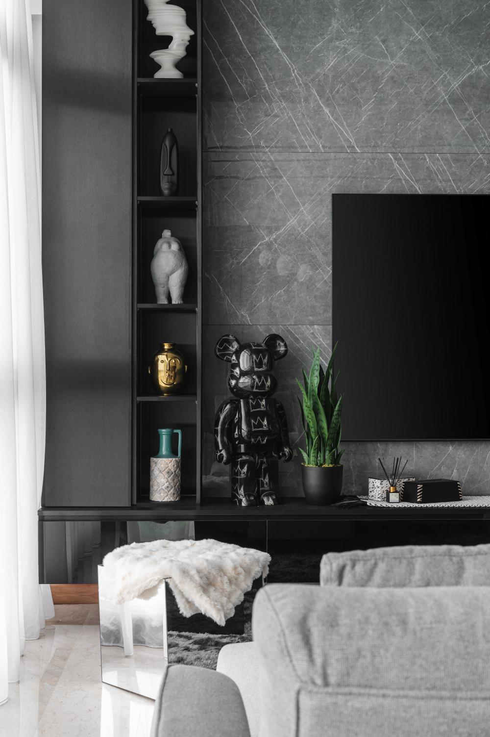 Modern Living Room with Bookshelf and Marble Floor