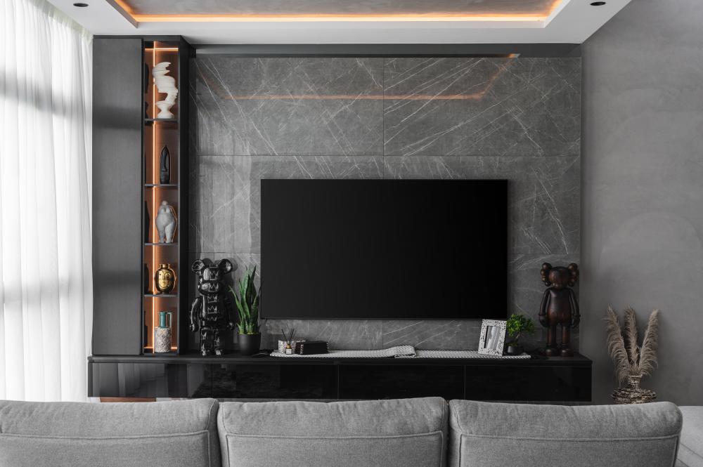 Modern Living Room with Homogeneous Tiles and TV Console