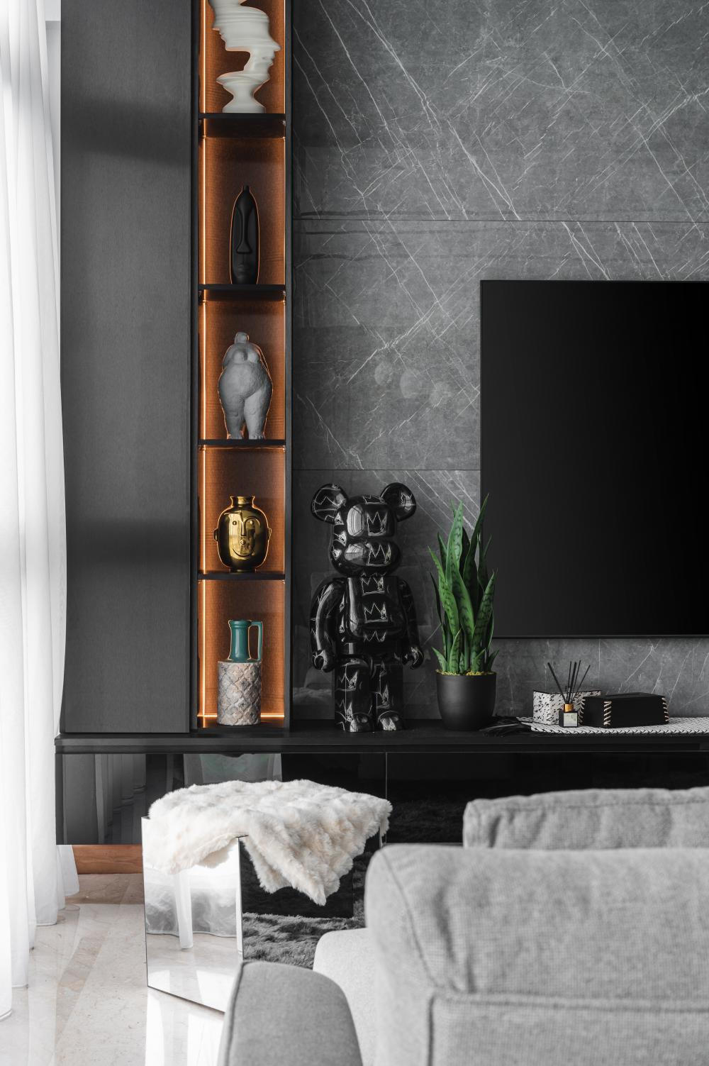 Modern Living Room with Homogeneous Tiles and TV Console