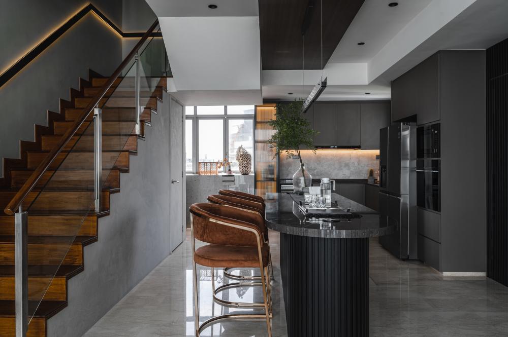 Modern Dining Room with Kitchen Island and Cove Lighting