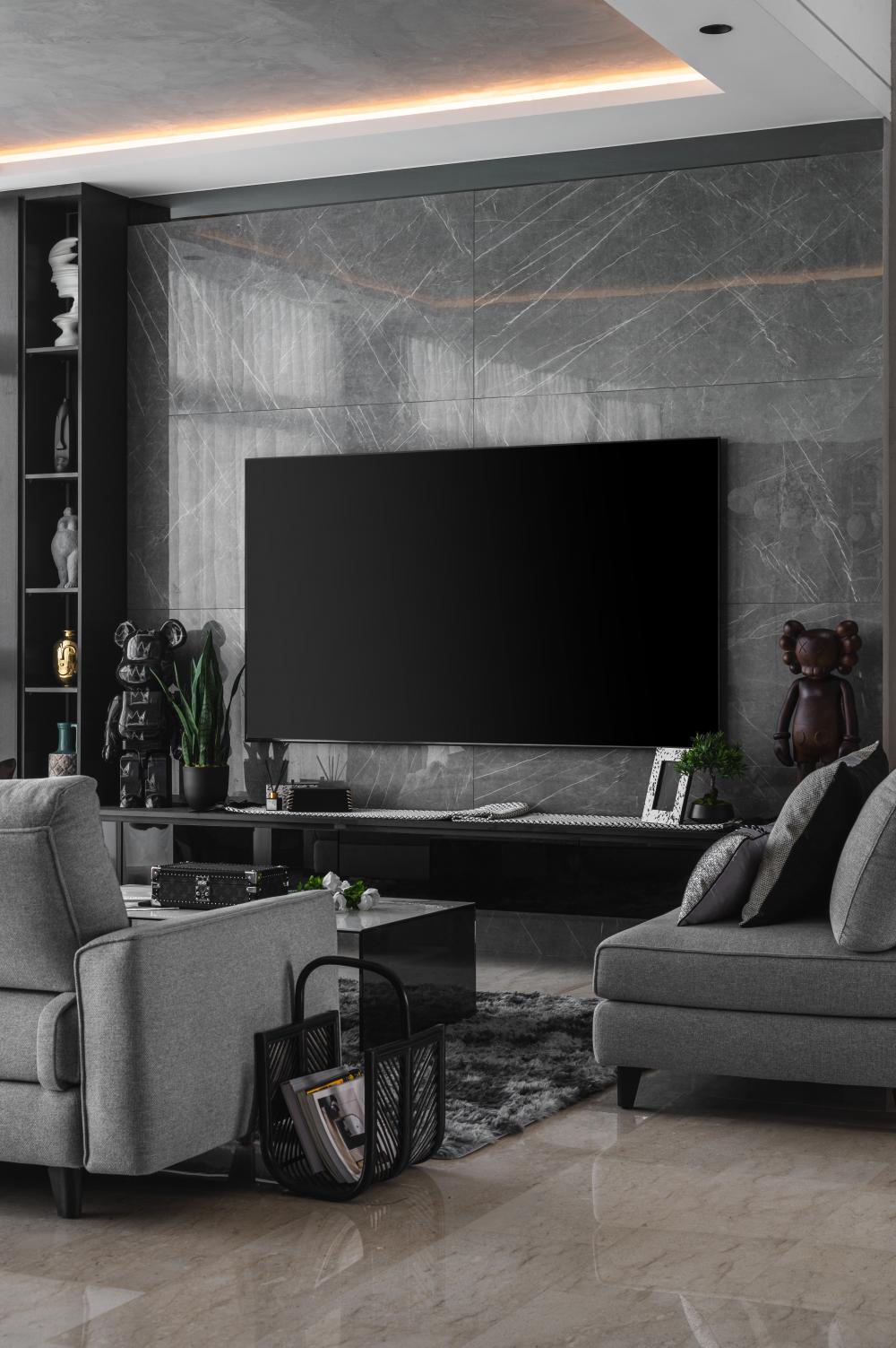 Modern Living Room with Homogeneous Tiles and TV Console
