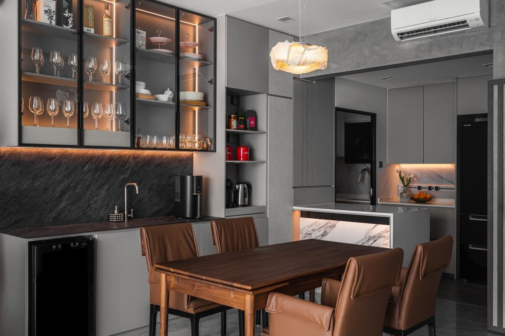 Modern Pantry with Chandelier and Dining Table