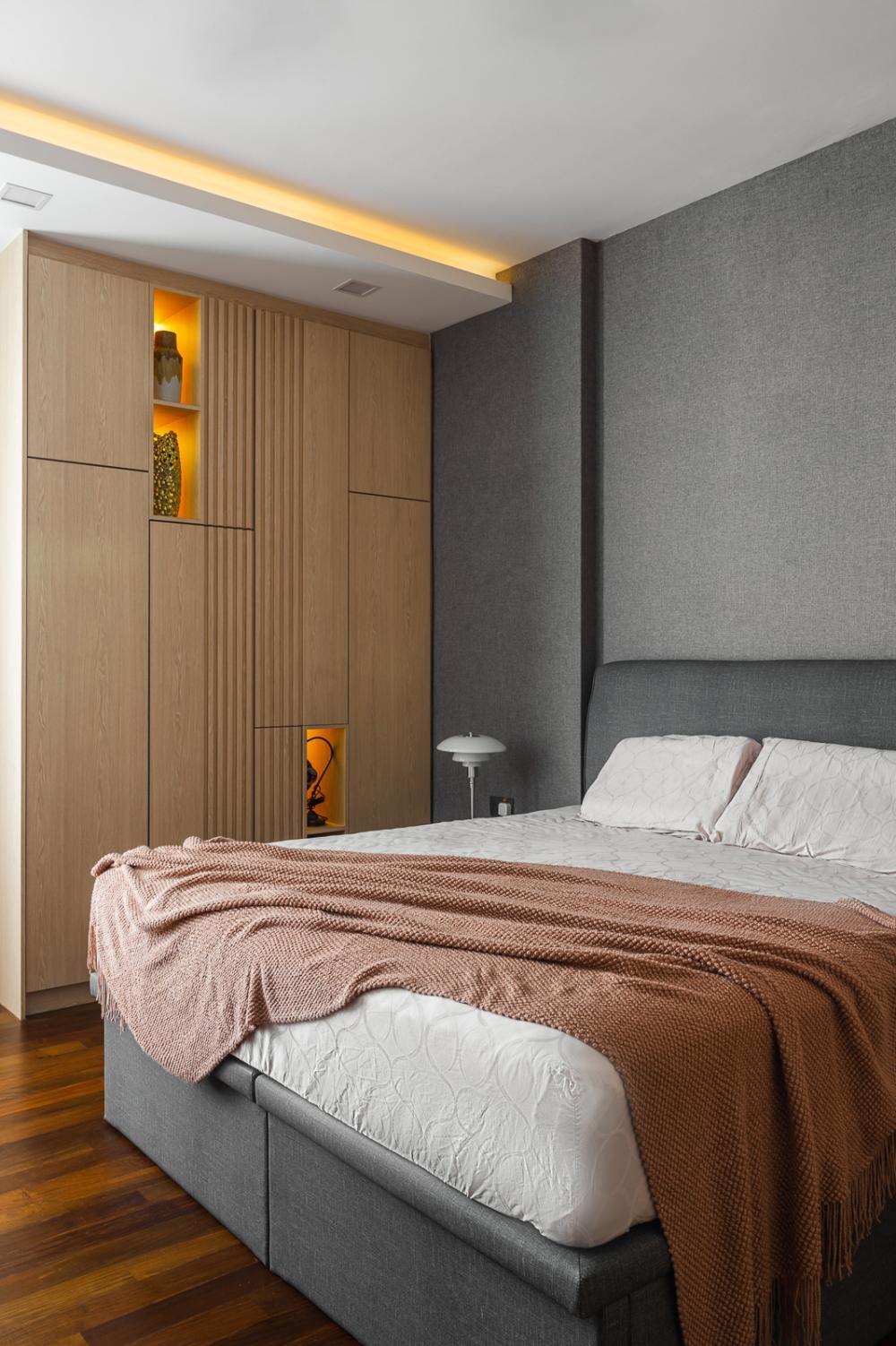 Modern Bedroom with Parquet Floor and Cove Lighting