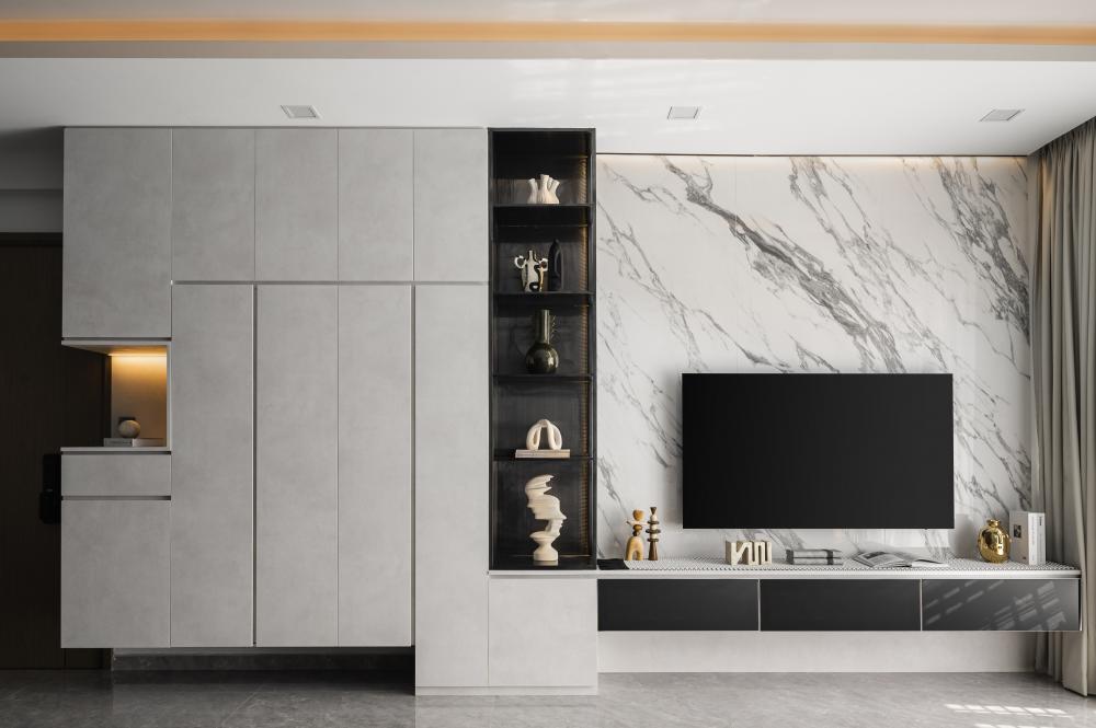 Modern Living Room with Homogeneous Tiles and TV Console