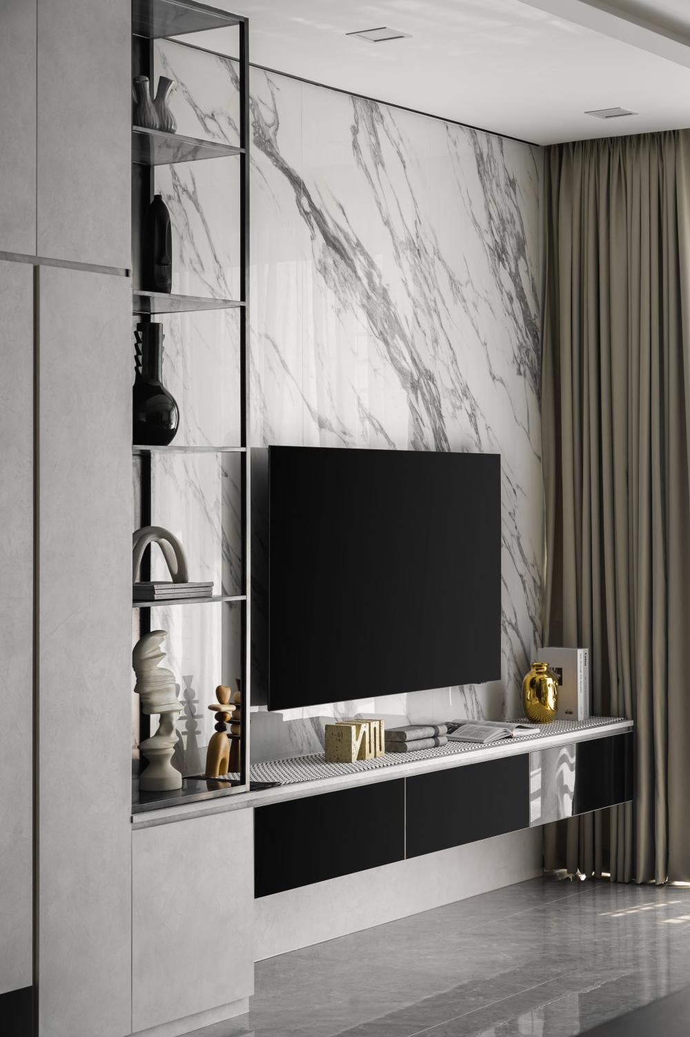 Modern Living Room with Homogeneous Tiles and TV Console