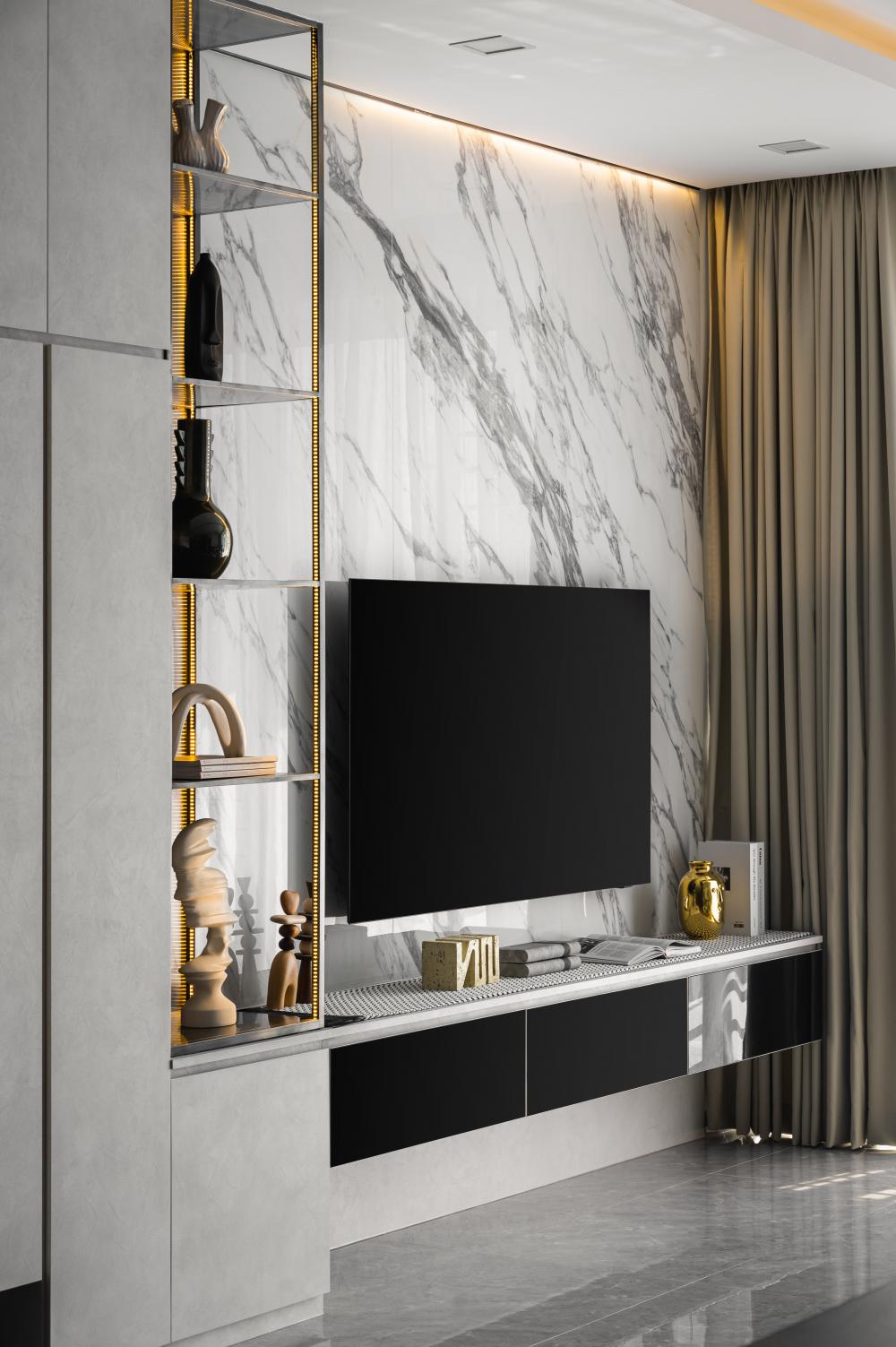 Modern Living Room with Homogeneous Tiles and TV Console