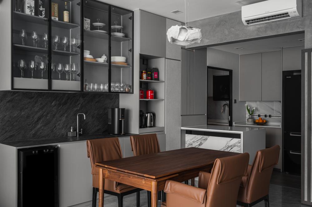 Modern Pantry with Kitchen Island and Tableware