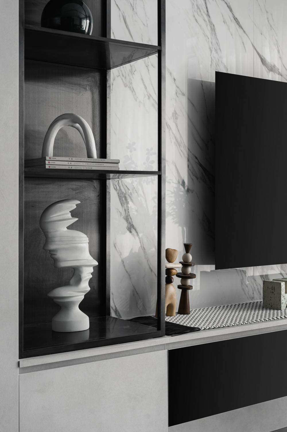 Modern Living Room with Homogeneous Tiles and TV Console
