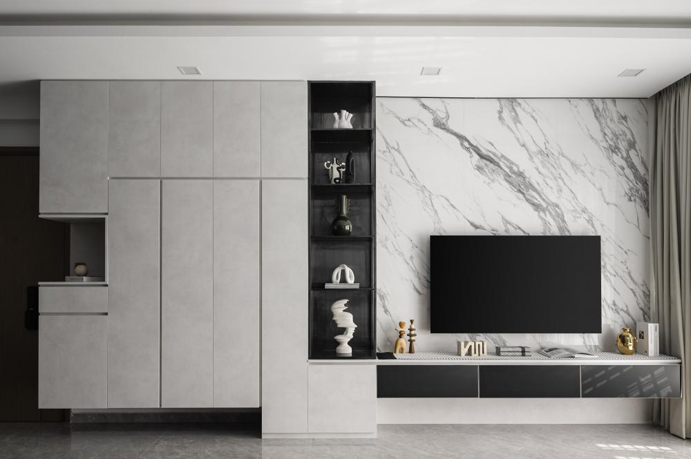 Modern Living Room with Homogeneous Tiles and TV Console