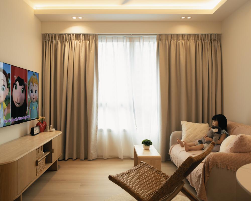 Scandinavian Living Room with TV Console and Feature Wall