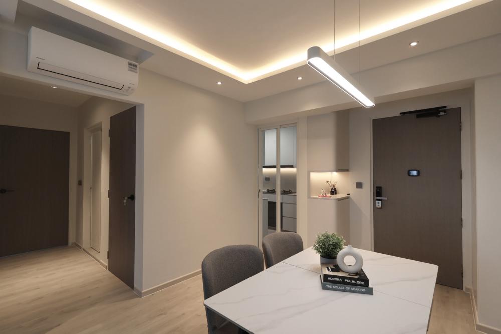 Minimalist Dining Room with Drop Light and Dining Table
