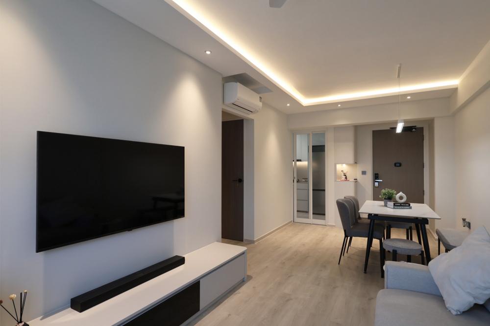Minimalist Living Room with TV Console and Ceiling Light