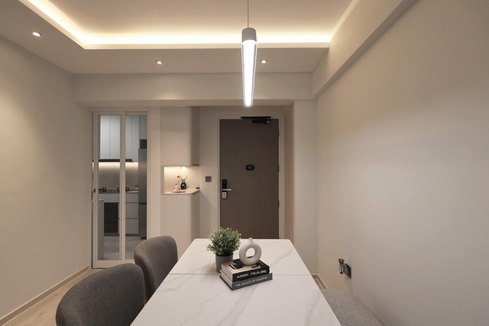 Minimalist Dining Room with Chandelier and Dining Chairs