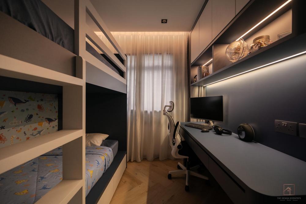 Contemporary Bedroom with Bookshelf and Herringbone Tiling