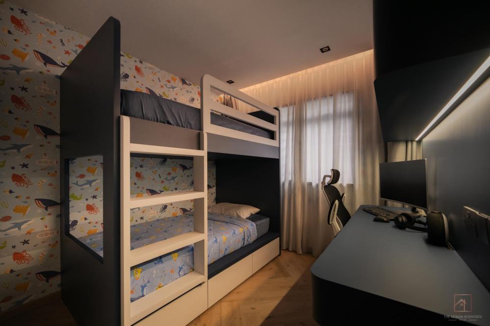 Contemporary Bedroom with Bookshelf and Cove Lighting