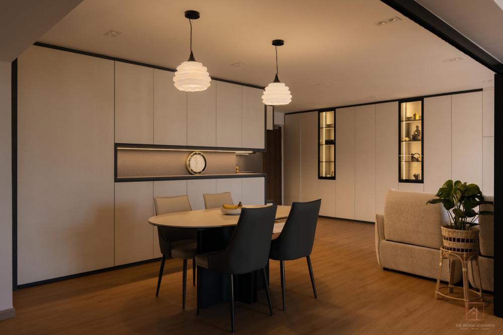 Contemporary Dining Room with Drop Light and Cove Lighting