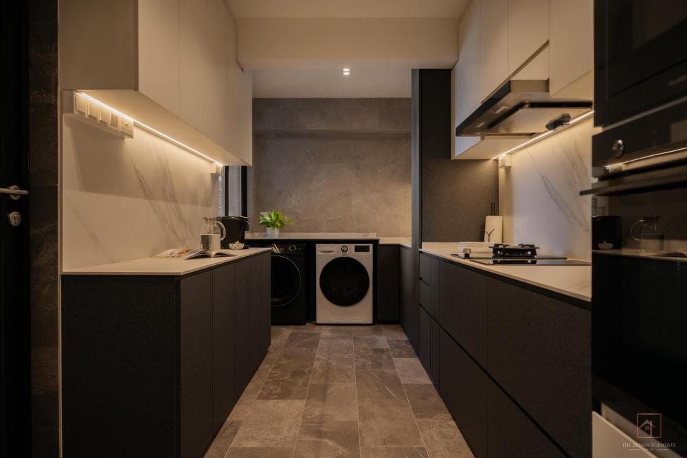 Contemporary Kitchen with Washing Machine and Kitchen Backsplash