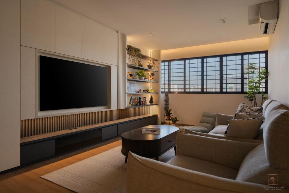 Contemporary Living Room with Bookshelf and TV Console
