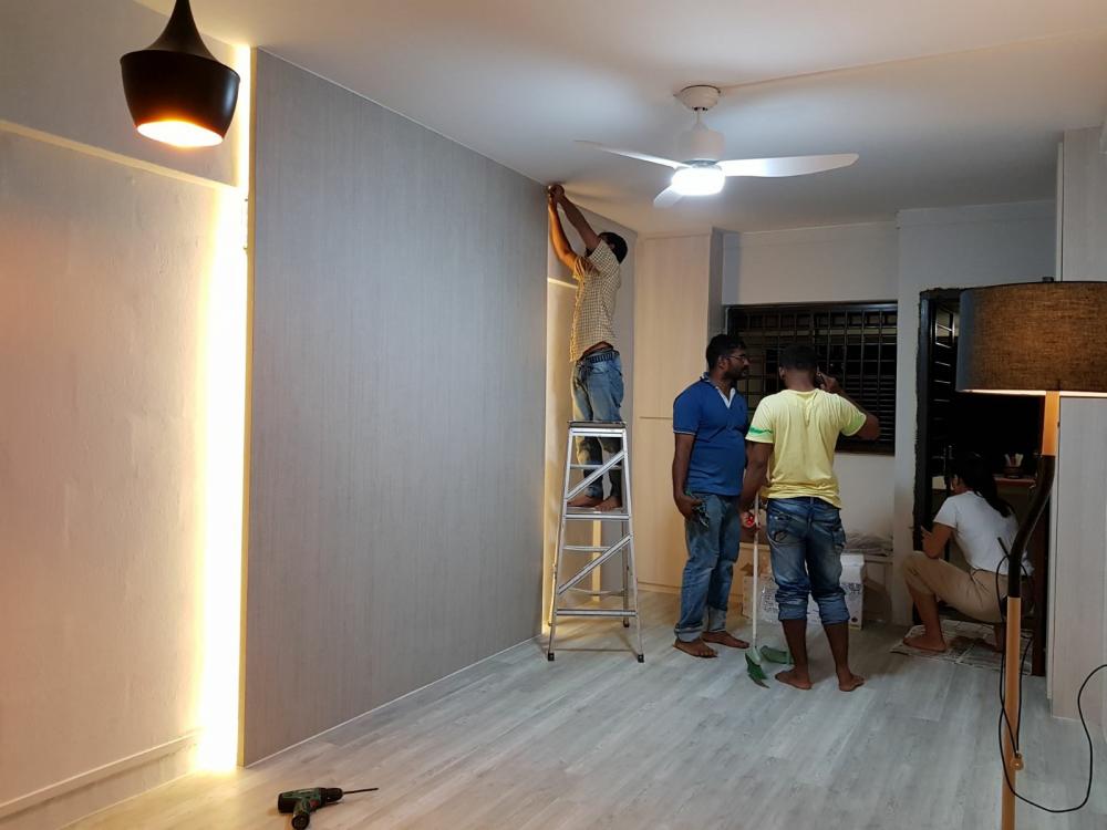 Asian Living Room with Vinyl Flooring and TV Console