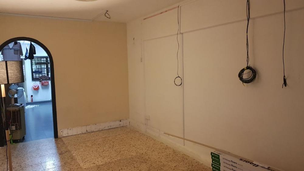 Asian Living Room with Vinyl Flooring and Ceiling Light