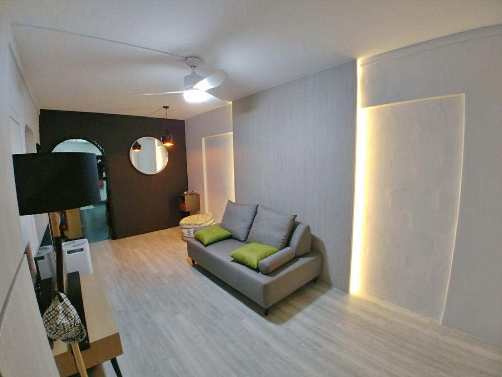 Asian Living Room with Vinyl Flooring and TV Console