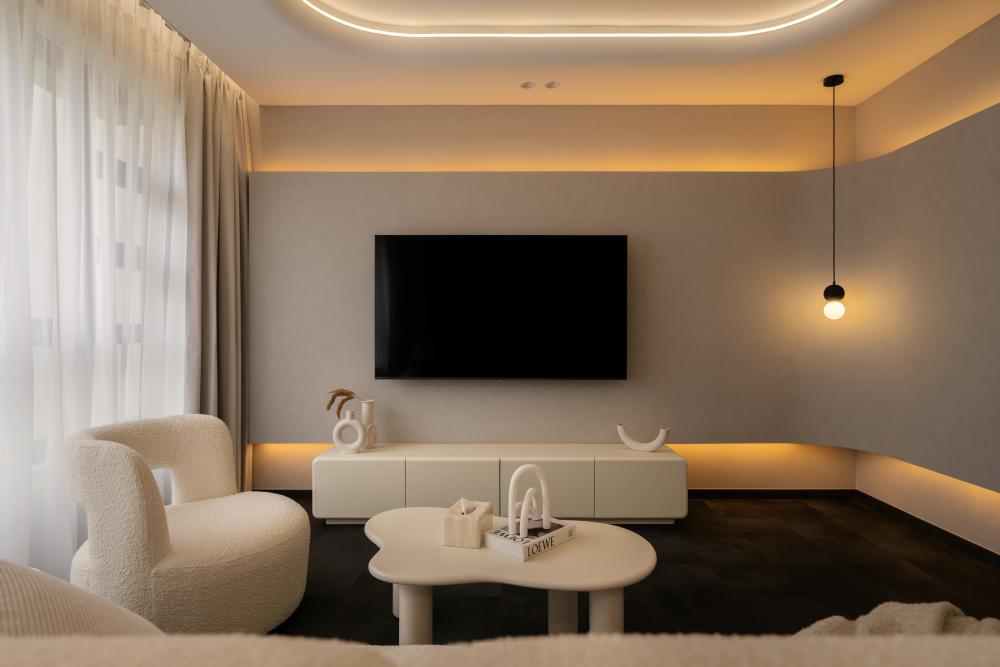 Contemporary Living Room with TV Console and Cove Lighting