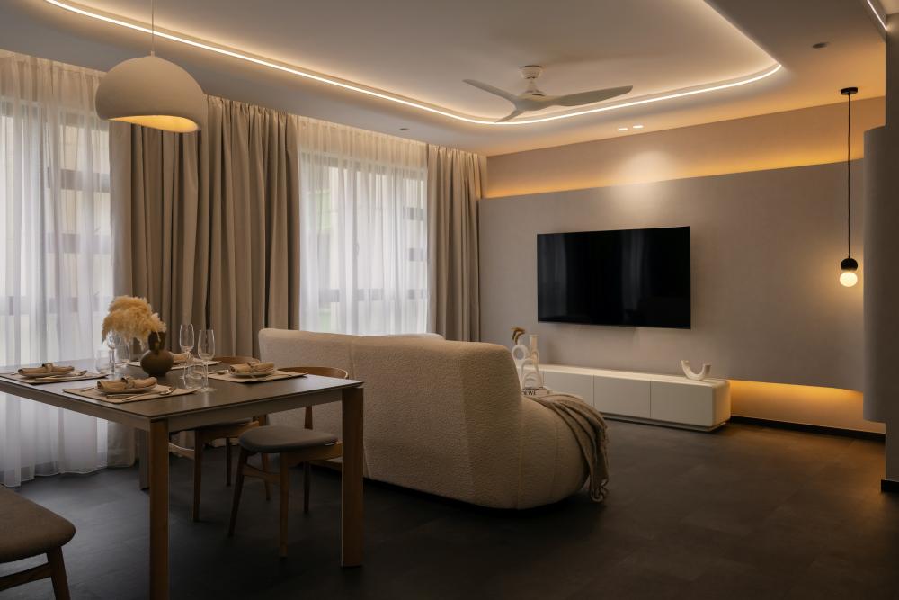 Contemporary Living Room with TV Console and Cove Lighting