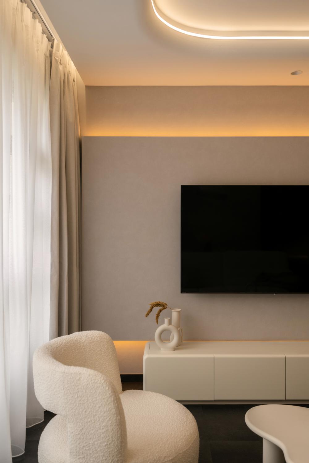 Contemporary Living Room with TV Console and Cove Lighting