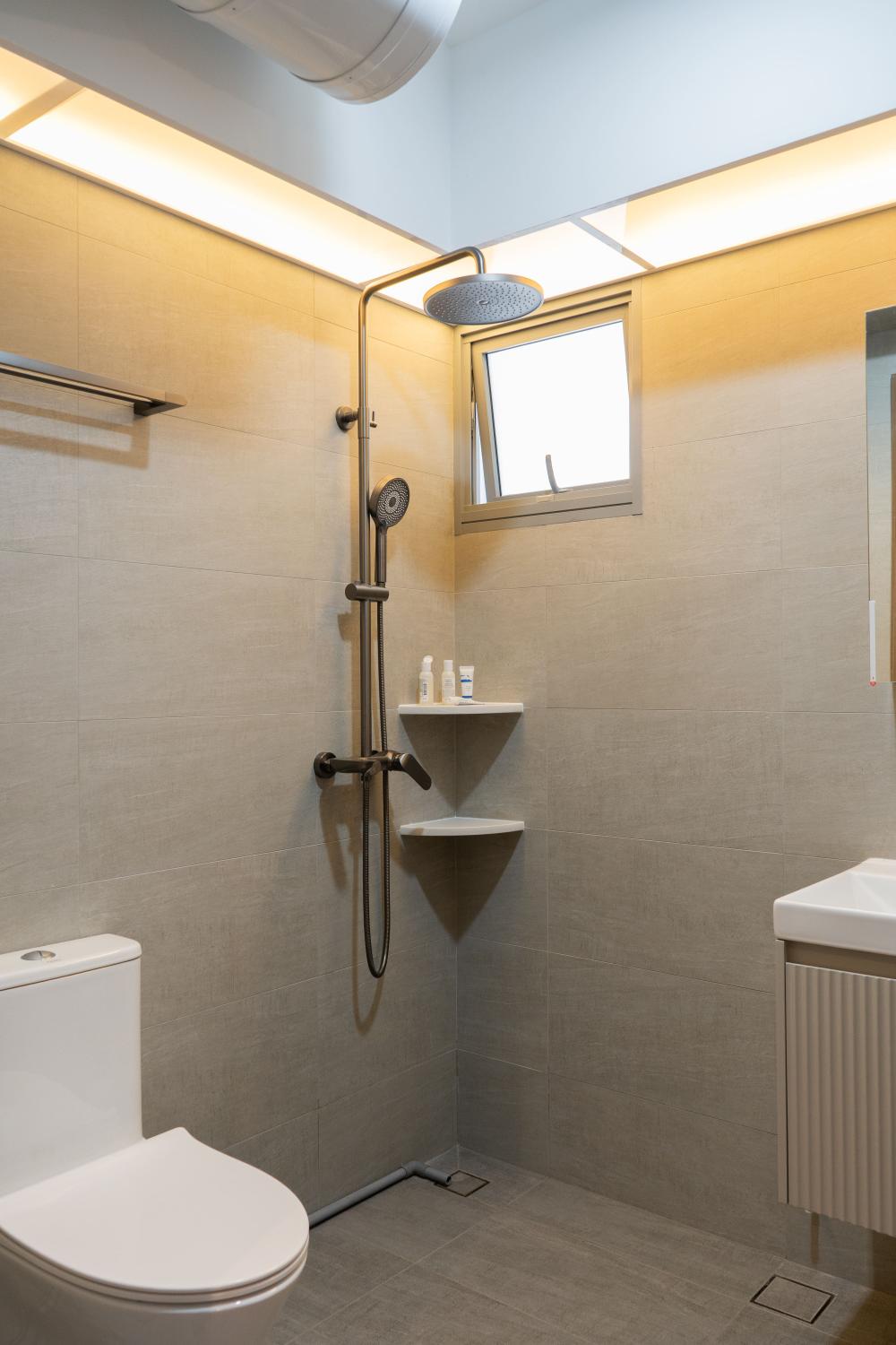 Industrial Bathroom with Countertop and Vinyl Flooring