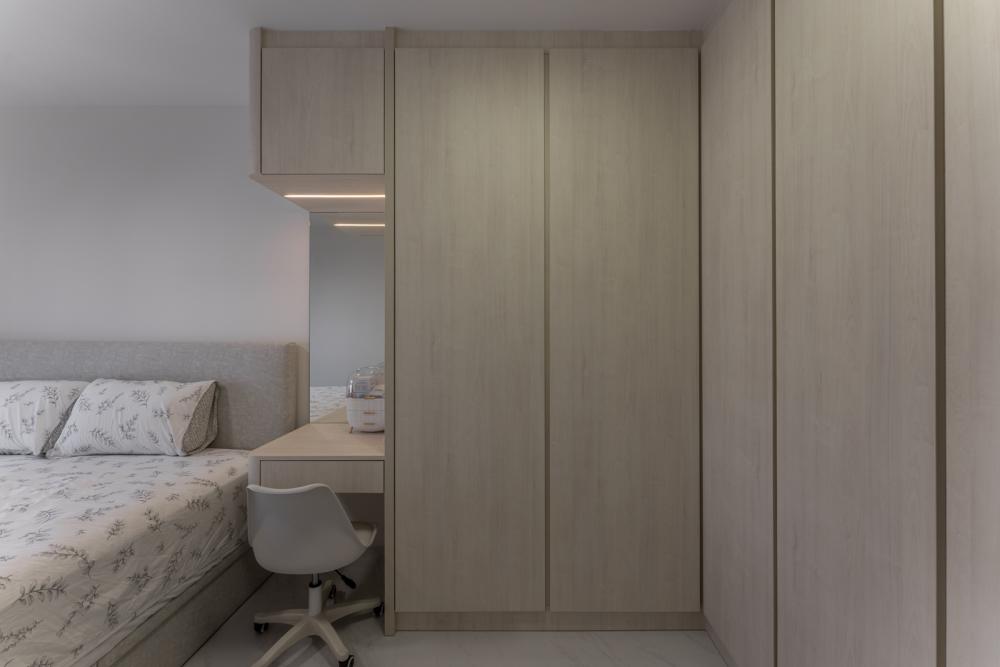Minimalist Bedroom with Homogeneous Tiles and Wardrobe