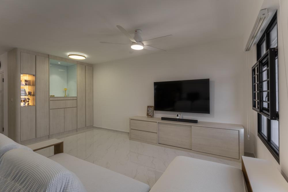 Minimalist Living Room with Homogeneous Tiles and Altar