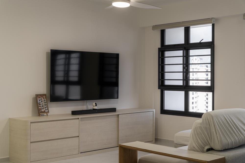 Minimalist Living Room with Homogeneous Tiles and TV Console