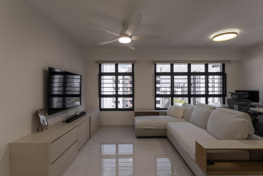 Minimalist Living Room with Homogeneous Tiles and TV Console