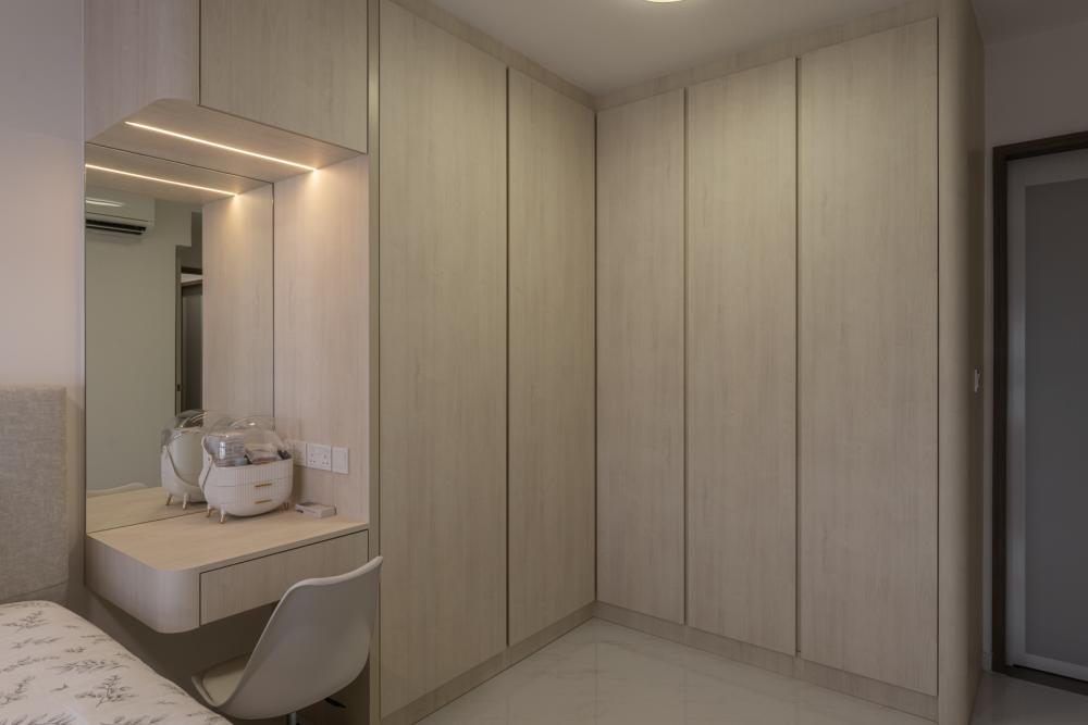 Minimalist Bedroom with Homogeneous Tiles and Wardrobe