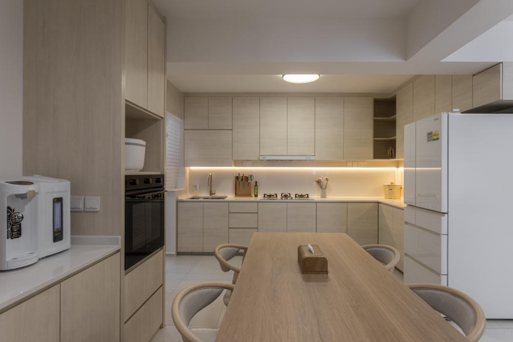 Minimalist Kitchen with Countertop and Herringbone Tiling