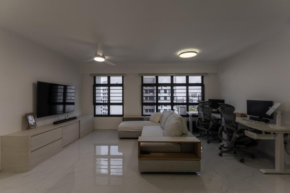 Minimalist Living Room with Homogeneous Tiles and TV Console
