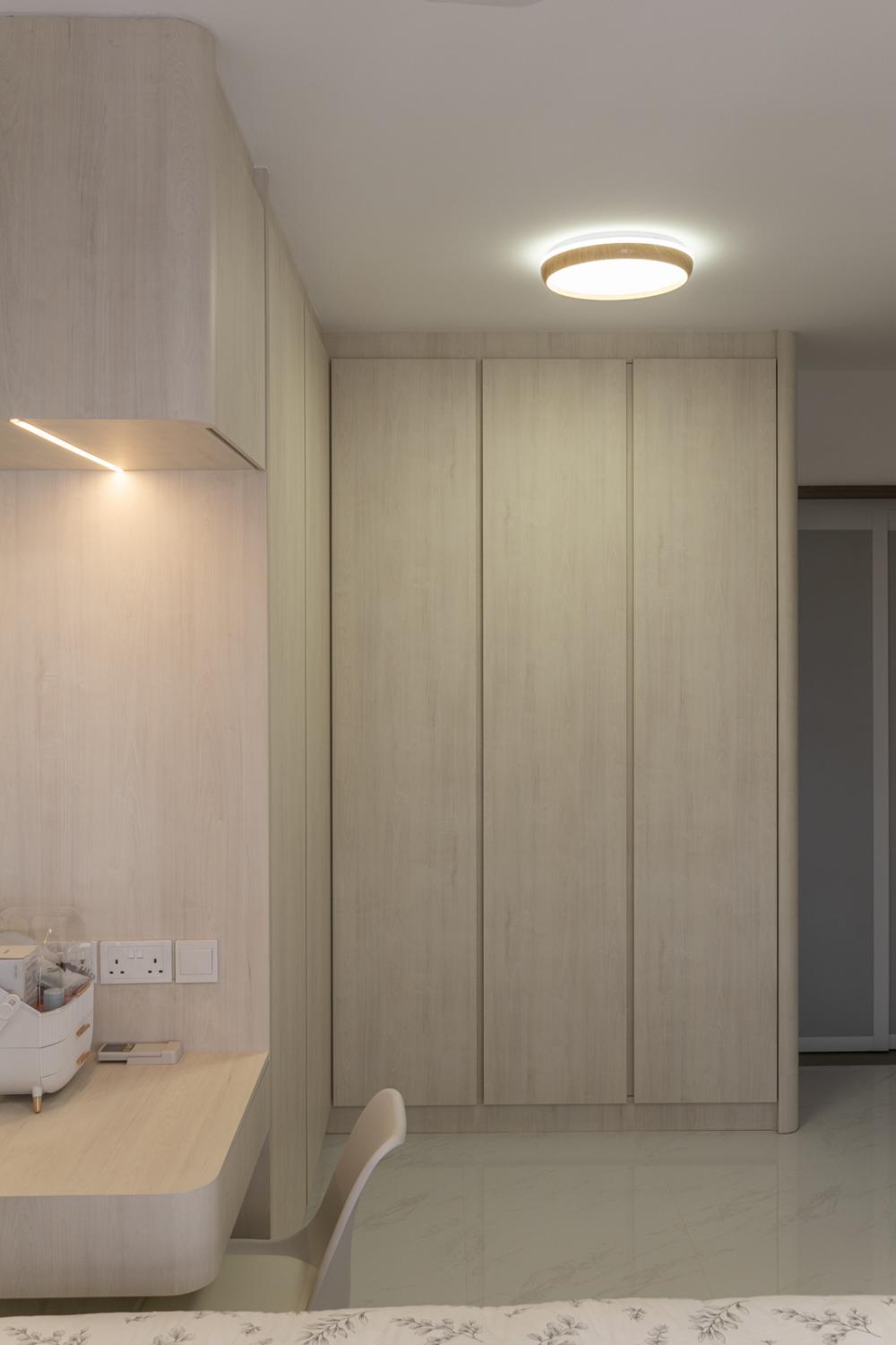 Minimalist Bedroom with Homogeneous Tiles and Ceiling Light