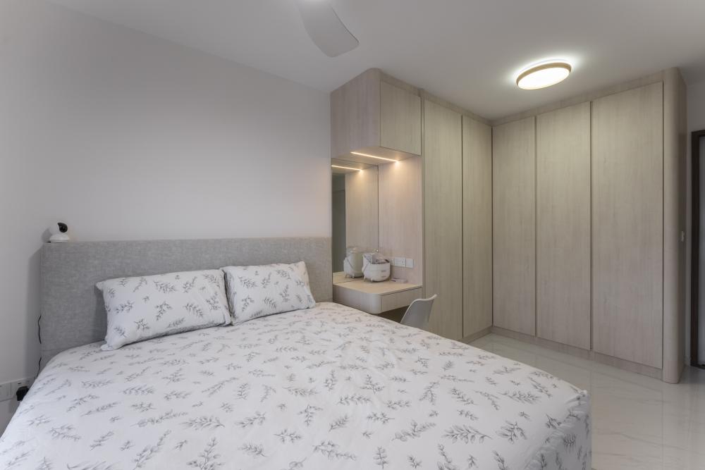 Minimalist Bedroom with Homogeneous Tiles and Wardrobe