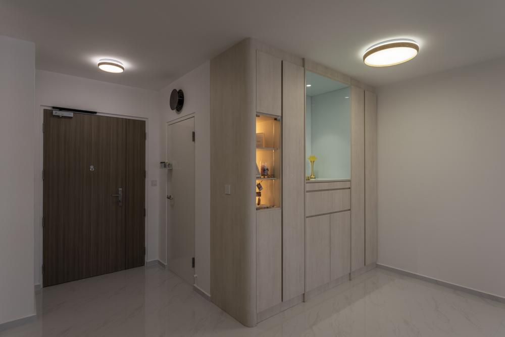 Minimalist Living Room with Homogeneous Tiles and Ceiling Light