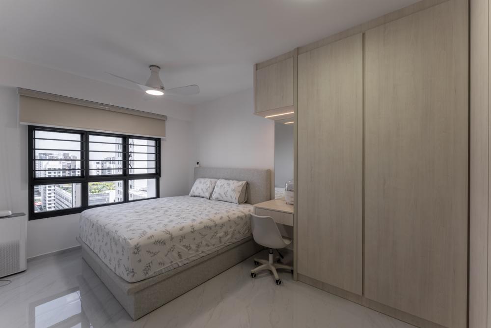 Minimalist Bedroom with Homogeneous Tiles and Wardrobe