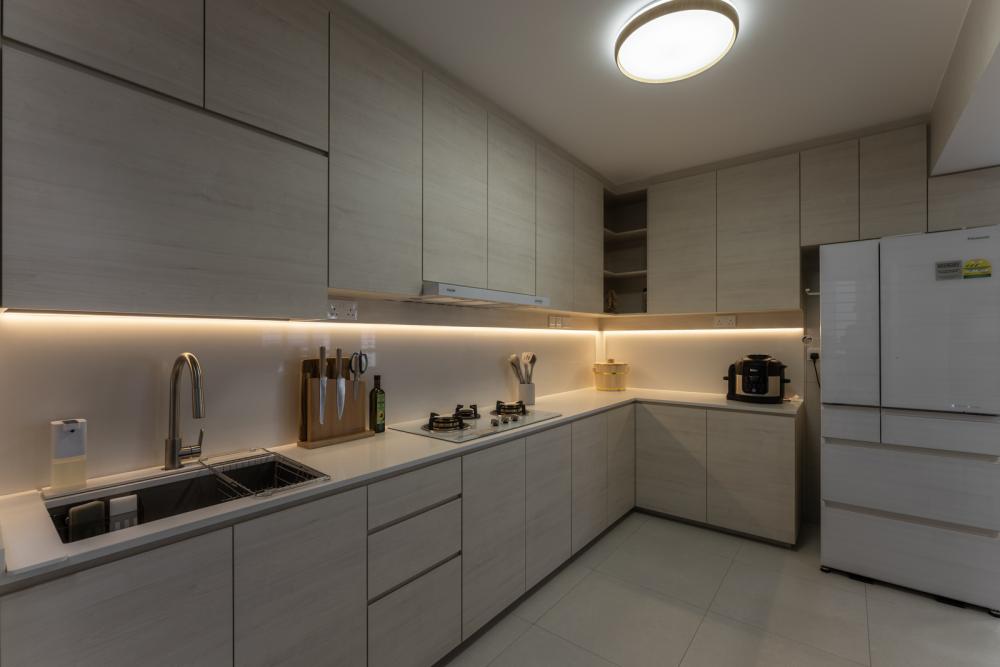 Minimalist Kitchen with Herringbone Tiling and Kitchen Backsplash