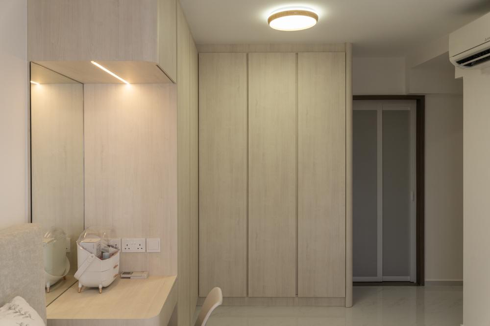 Minimalist Bedroom with Homogeneous Tiles and Wardrobe