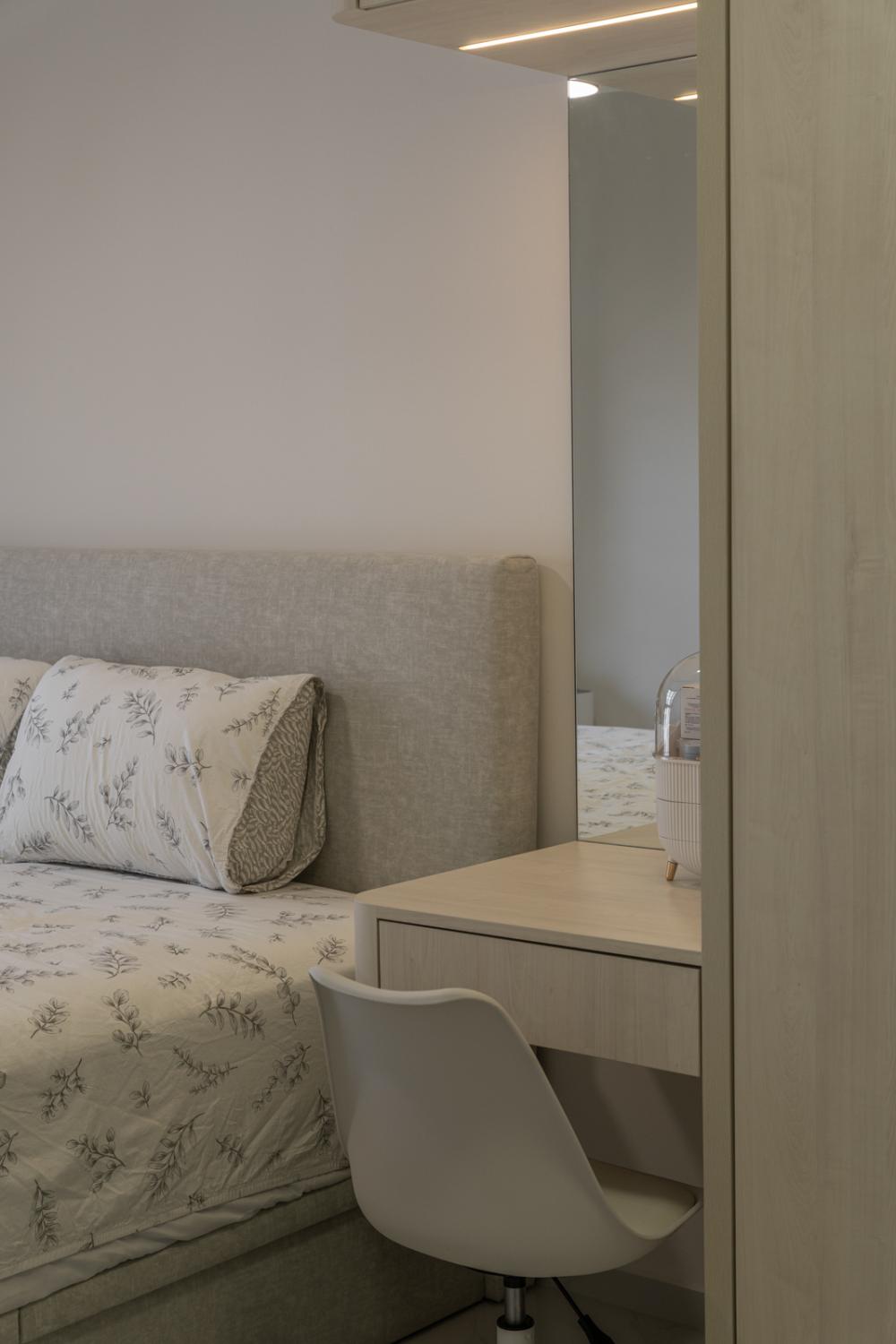 Minimalist Bedroom with Homogeneous Tiles and Bedroom Dresser