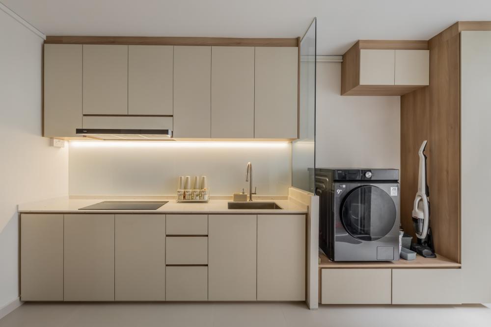 Scandinavian Kitchen with Countertop and Homogeneous Tiles