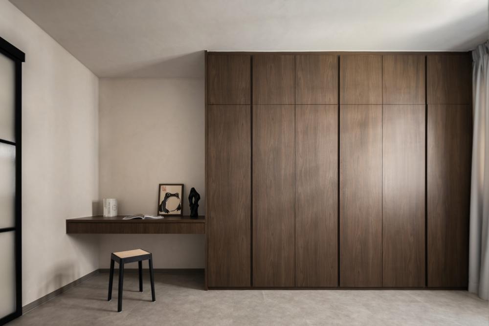 Minimalist Bedroom with Cement Floor and Wardrobe