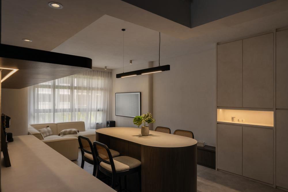 Minimalist Dining Room with Drop Light and Dining Table