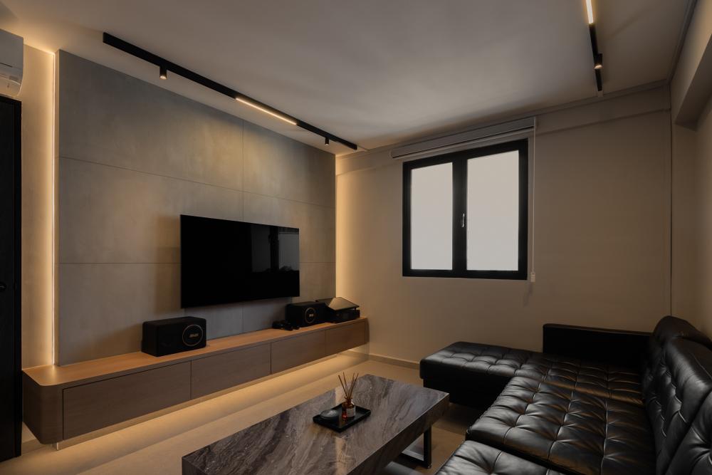 Contemporary Living Room with Homogeneous Tiles and TV Console