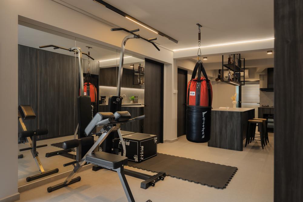 Contemporary Home Gym with Seating Bench and Storage Cabinets
