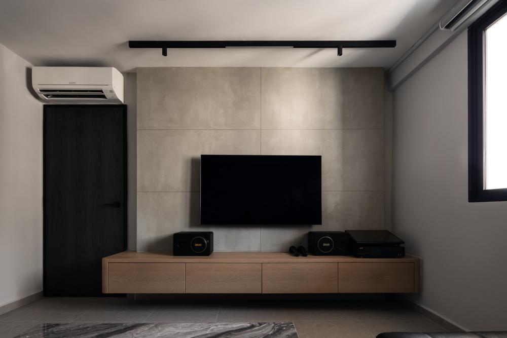 Contemporary Living Room with Homogeneous Tiles and TV Console
