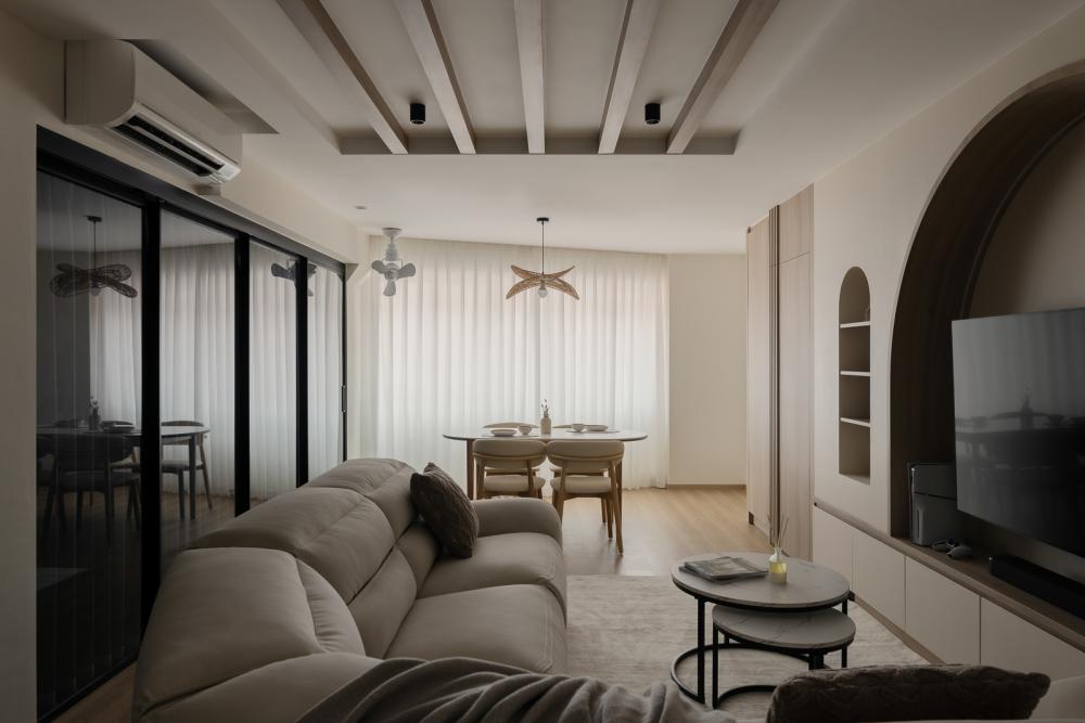 Scandinavian Living Room with Wood Flooring and Dining Table